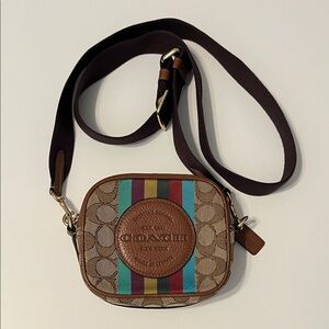 Coach Dempsey Mini Tan and Brown Crossbody with Colorful Stripes